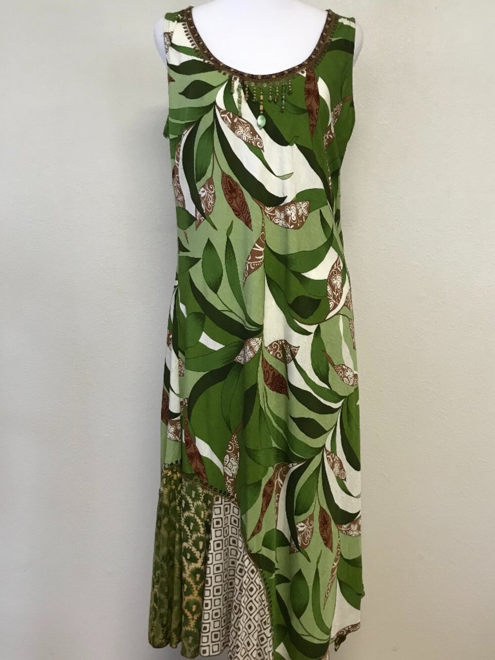 USINDO Boho Tropical Botanical Midi Dress | Size M | Rayon | Side Zip